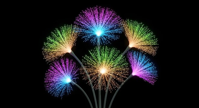 Colorful fiber optic flower bouquet on black background. Technology and digital communication concept. Glowing light wires shaped like floral blossoms in vibrant hues.