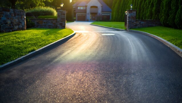 Freshly sealed asphalt driveway with glossy black surface showcasing smooth texture durability and modern residential maintenance concept perfect for construction background and infrastructure themes