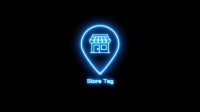 Neon Store Location Pin Icon Glowing Blue Shop Marker Digital Map Business effect outline, minimal storefront, digital  dark background.