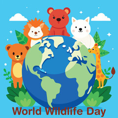 Naklejka premium World wildlife day illustration with animals and globe