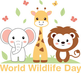 Fototapeta premium Cute cartoon animals celebrate world wildlife day together