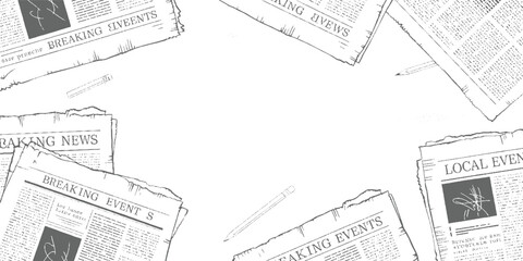 Obraz premium Scattered newspapers with headlines reading breaking news and local events with pencils on a white background