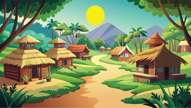 A serene tropical village scene with thatched huts nestled under a bright golden sun in nature