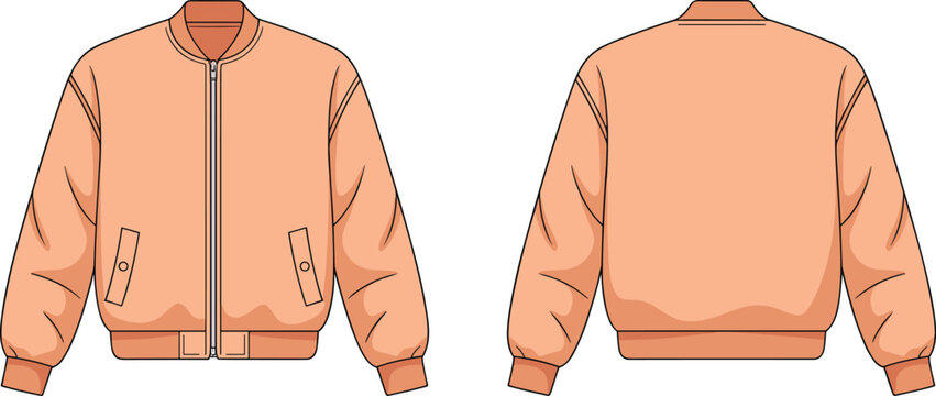 Front and back view of a peach colored bomber jacket technical fashion sketch vector illustration for apparel design mockup and tech pack template, featuring a zipper and pockets.