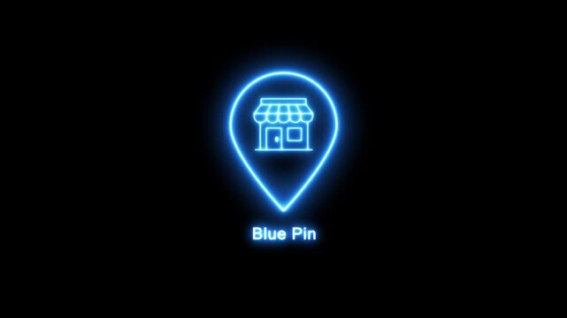 Blue glowing neon map pin icon with store front front shop location navigation G P S symbol. 