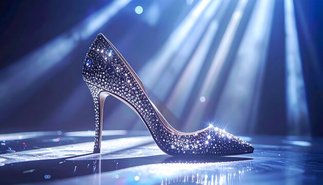 Sparkling Crystal High Heel Shoe on Stage with Spotlight.