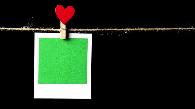 A green rectangular piece of paper with a white frame hangs on a thin string against a black background, attached with a clothespin with a red heart. Space for text.