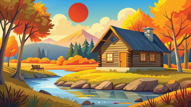 A serene log cabin nestled in a vibrant autumn forest landscape with a flowing river at sunset