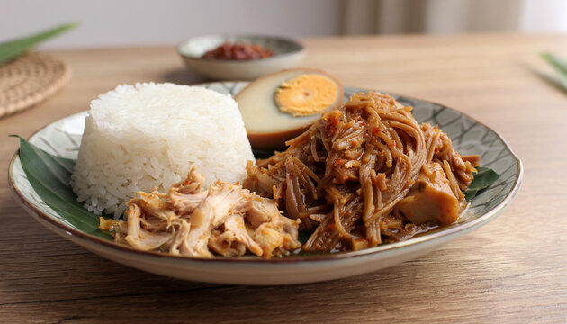 realistic photo of gudeg with rice, egg, and chicken, rich brown color