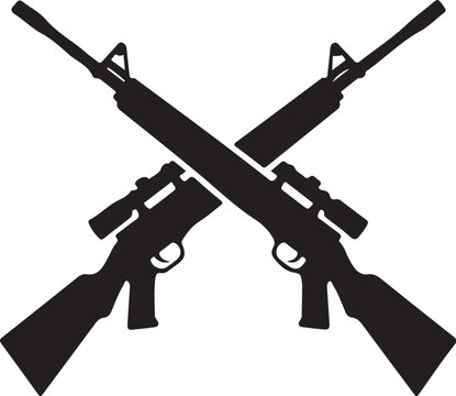 Crossed rifle and pistol silhouettes, black firearms icons, gun vector graphics, weapons symbols