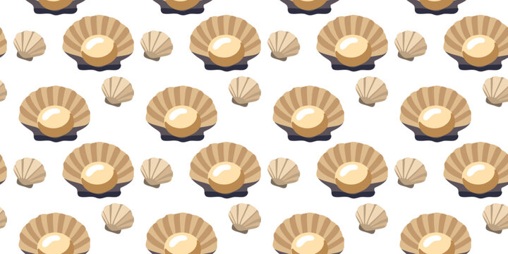 hand drawn cute seashell with pearl seamless pattern on white surface