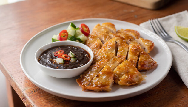 realistic photo of pempek with cuko sauce, plated neatly, glossy texture, natural soft