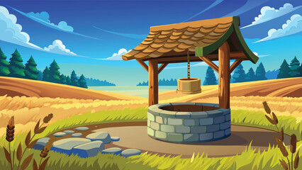 A serene stone water well stands in the middle of a golden field under a vibrant blue sky scene. © CreativeKamrul