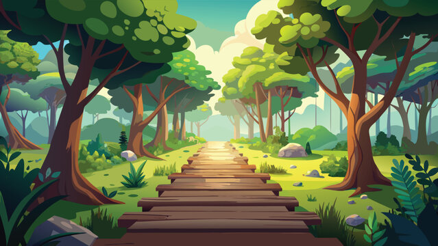 A serene wooden path leads through a lush green forest toward a bright glowing light at the end