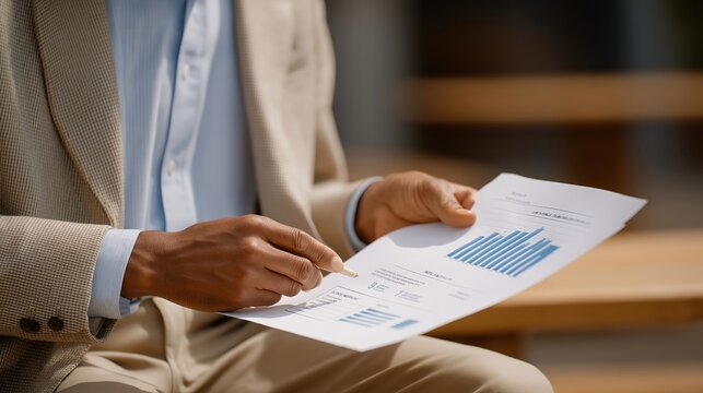 Close up hands highlighting key metrics on one page business plan document, founder preparing concise pitch summary for coffee meeting with potential angel investor introduction, perfect for