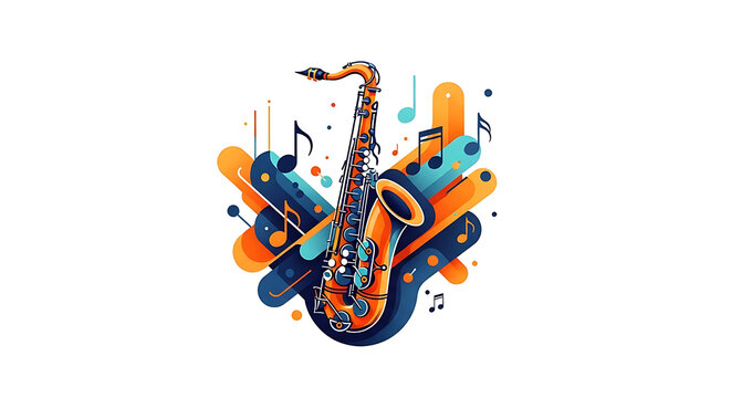 Vibrant illustration of a saxophone with musical notes and abstract shapes in orange blue hues transparent background
