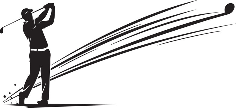 Golf, golfer silhouette, swinging motion, black vector icon, sports illustration, golfing motion lines