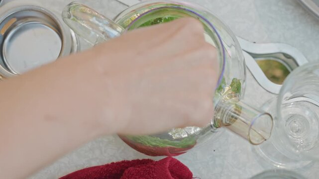 Careful herbal infusion setup at picnic site. Methodical mint tea crafting during outdoor recreational activity. Meticulous process of assembling fresh mint leaves for herbal infusion outdoors