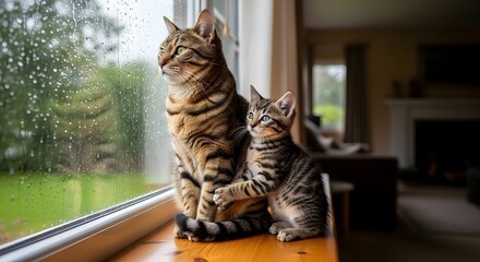 Fototapeta na wymiar Heartwarming father's day moment with cats by the window