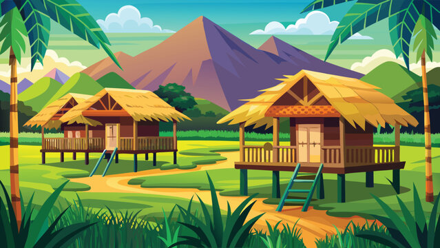 A serene tropical landscape featuring traditional stilt houses nestled in a lush green valley