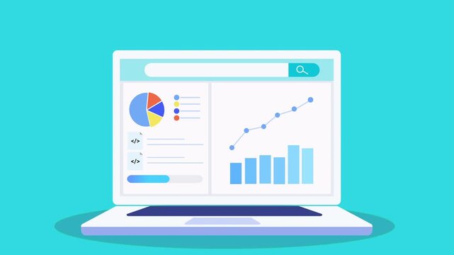 Flat animated video of a laptop displaying a dashboard with pie chart, graphs, and data analytics, representing business insights, performance tracking, and digital reporting.