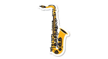 Naklejka premium Vibrant yellow saxophone with black keys and musical notes sticker on white background transparent background