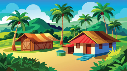 Fototapeta premium A peaceful rural landscape featuring small traditional houses nestled among lush palm trees