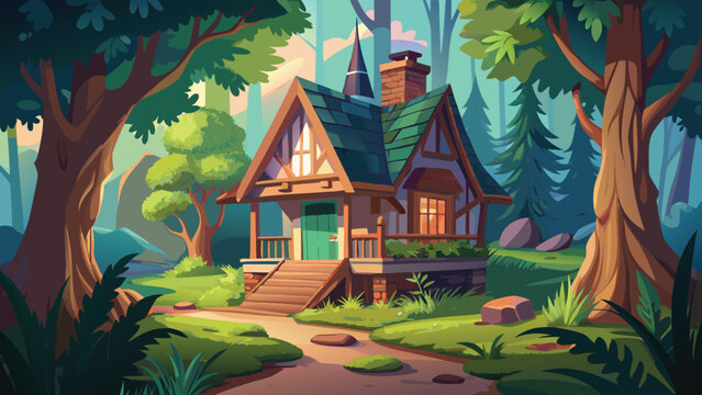 A charming and cozy cottage nestled deep within a vibrant and lush green forest landscape scene