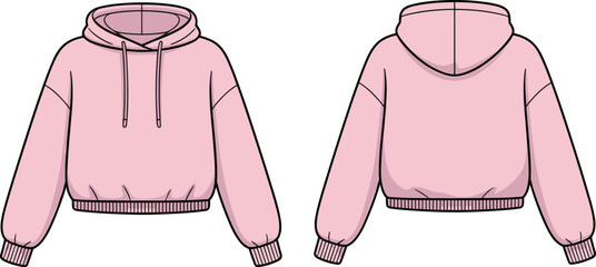 Front and back view of a pink hoodie technical fashion sketch vector illustration for apparel design mockup and streetwear clothing tech pack template with drawstring. © Md