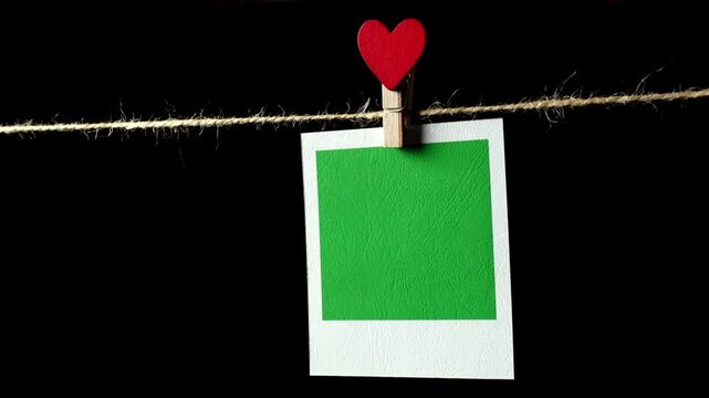 A green rectangular piece of paper with a white frame hangs on a thin string against a black background, attached with a clothespin with a red heart. Space for text.
