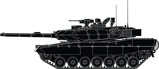 Black silhouette of a modern military battle tank with armored turret and cannon isolated on white background for warfare concepts. © Shoriful