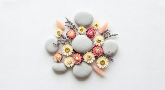 Minimalist Easter arrangement with natural eggs, stones, and dried florals on linen