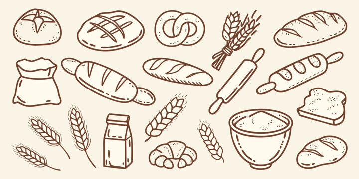 Hand drawn illustration of various breads wheat and baking tools