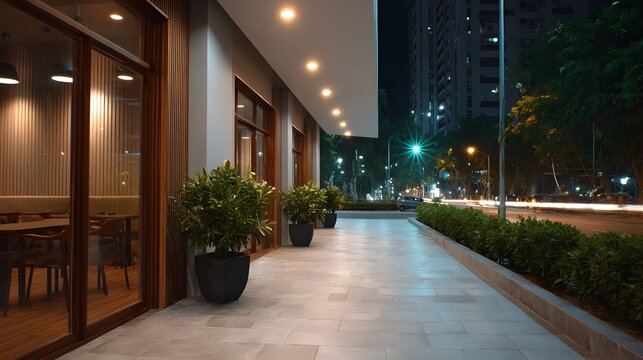 A modern building exterior at night with illuminated glass  potted plants and blurred city traffic