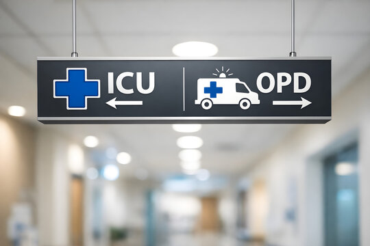 Hospital directional sign for ICU and OPD with medical cross and ambulance icons