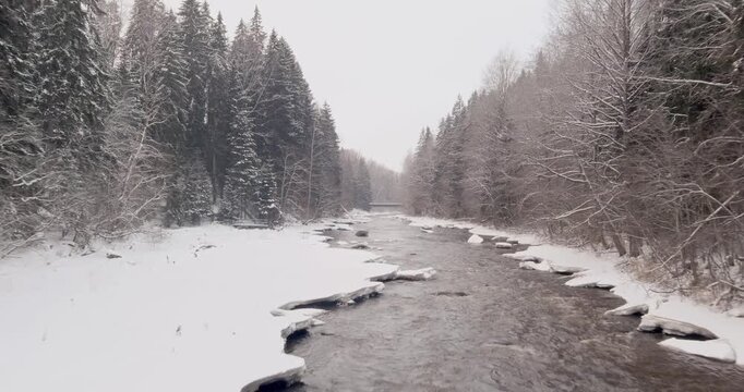 Aerial view of serene winter river scene in cloudy weather at Pitk&auml;koski rapids, Helsinki and Vantaa, Finland, Europe.