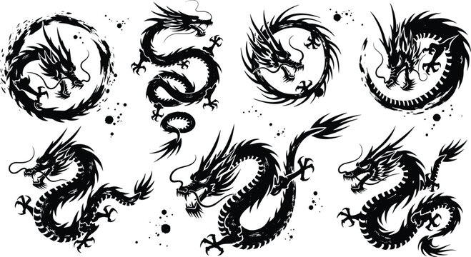 Chinese Dragon Vector Silhouette Set, Black Ink Brush Style Asian Mythological Creatures, Japanese Tattoo Design Elements Isolated on White Background, Tribal