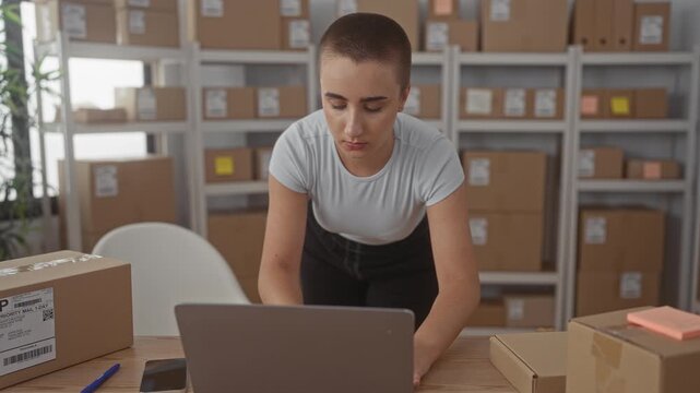 Woman holding a cardboard box with hands and leaning over a laptop while organizing shipping labels and stacked parcels on metal shelving in building; entrepreneurial concentration.