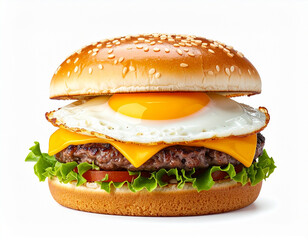 Fried egg on a cheeseburger, white studio background. AI