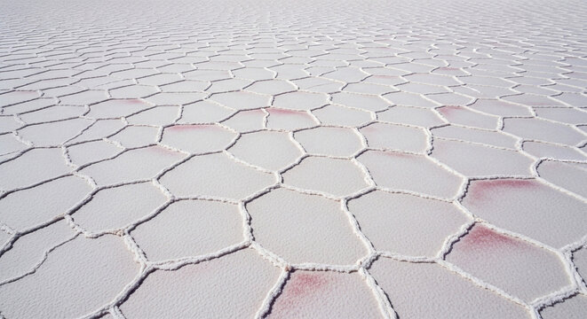 A vast expanse of white salt formations cracked into hexagonal shapes with subtle red hues visible in the cracks