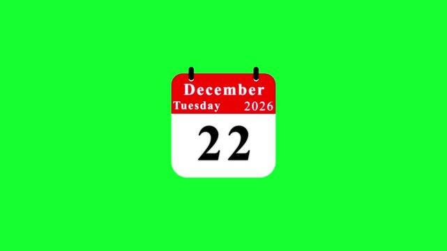 December 22 Tuesday 2026 Calendar Page on Green Screen