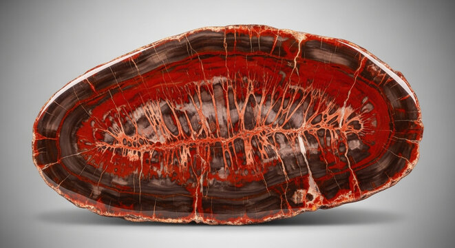 Beautiful red and black agate stone with intricate patterns and cracks