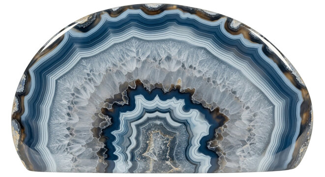 Blue agate geode slice with intricate white and brown patterns on a plain white background