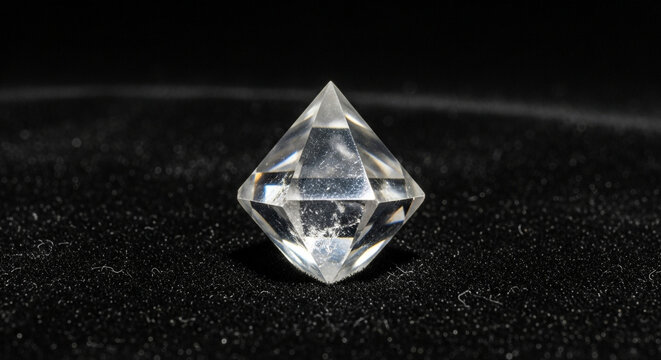 Clear crystal diamond octahedron gemstone on black surface