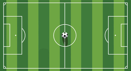 Top view soccer football field layout with ball center spot, green grass stripes sport game design illustration artwork, flat vector © MdFaruk