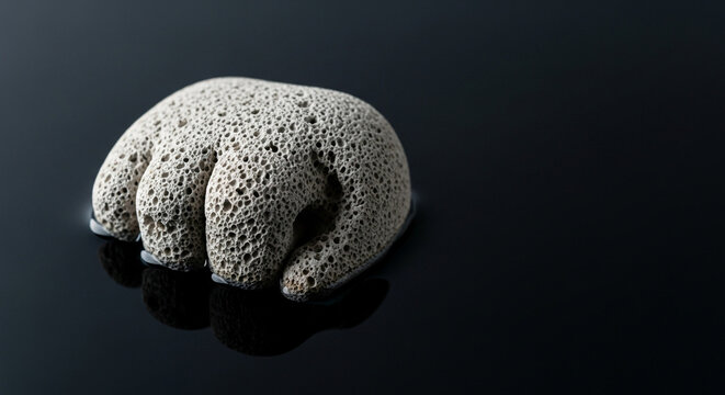 Porous white sea sponge on dark reflective surface