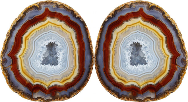 Polished agate geodes with vibrant multicolored banding patterns