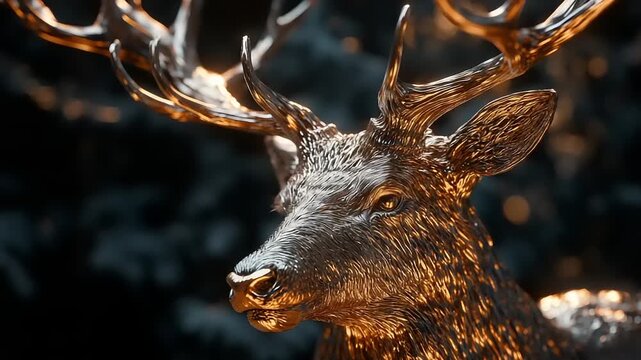 Close up of a golden deer statue with intricate details and antlers.