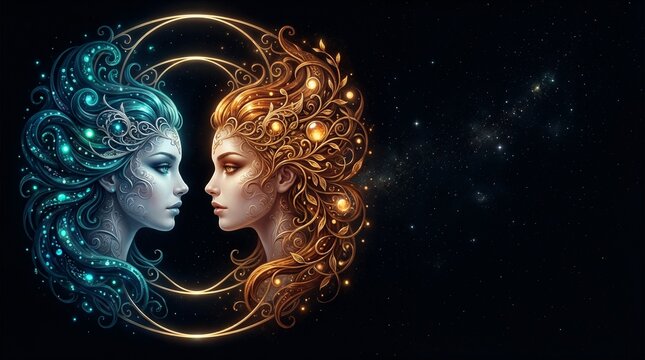 Vedic astrology Gemini zodiac sign Mithuna Rashi with celestial twins and artistic copy space