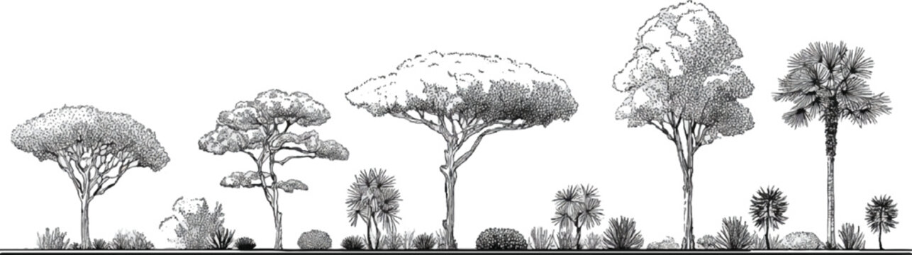 Collection of diverse trees and shrubs rendered in black and white style palm foliage branches